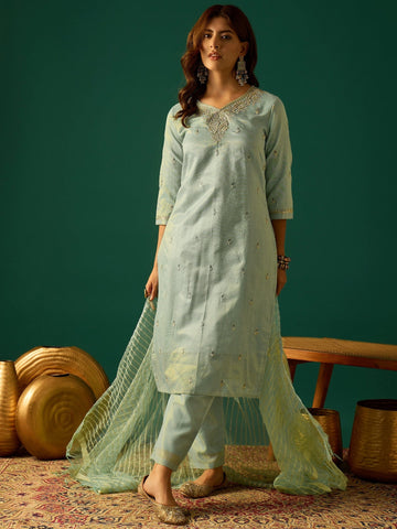 Zari-Embroidered Kurta Paired With Solid Trousers And A Tonal Dupatta